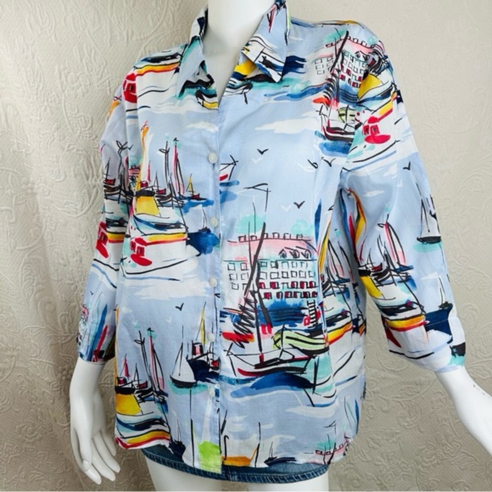 Alfred Dunner jet setter nautical coast bright print shirt